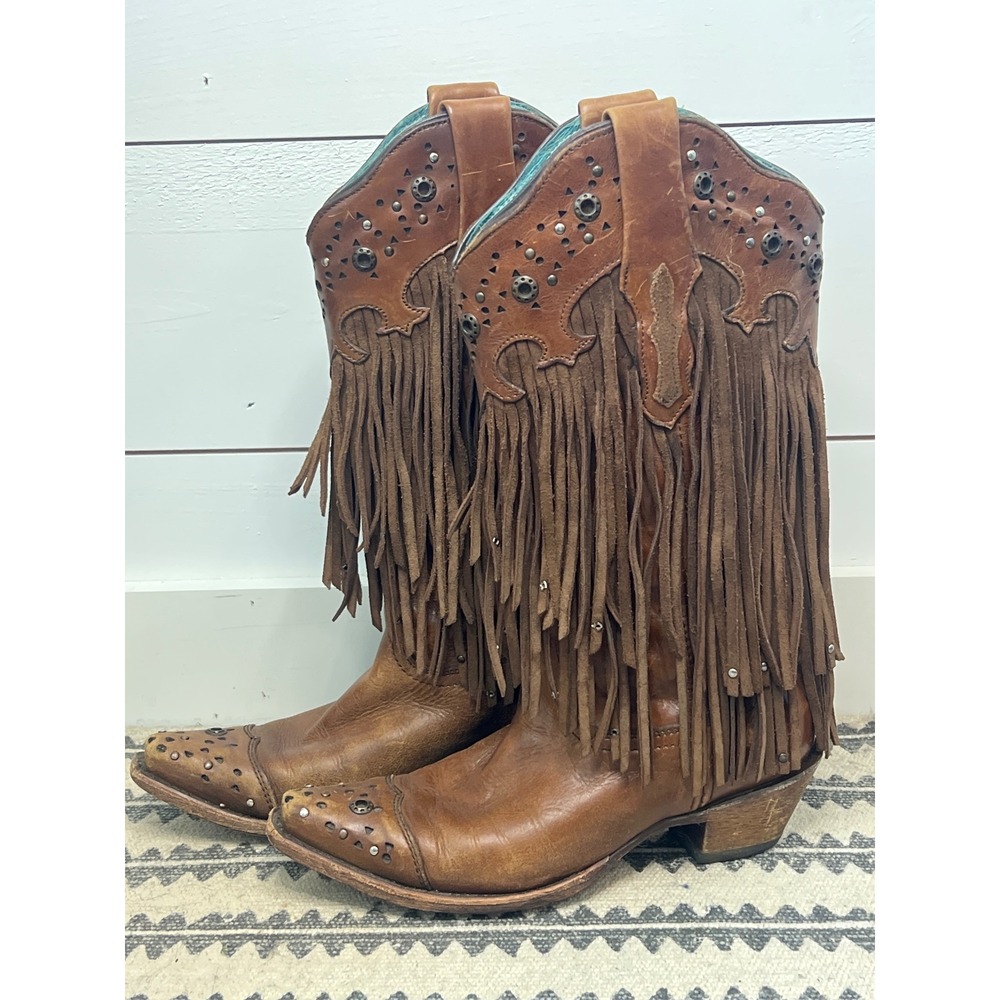 Corral Brown Leather Fringe Studded Western Boots Tall Cowgirl Boho Pointed Toe